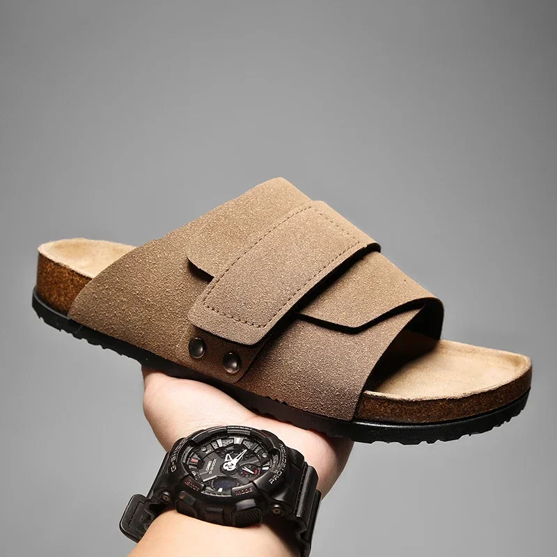 Cork Slippers Men Summer Beach Slides Suede Leather Womens Flat Sandals Fashionable Outdoor Male Mules Non Slip Babouche Femm – AliExpress 322